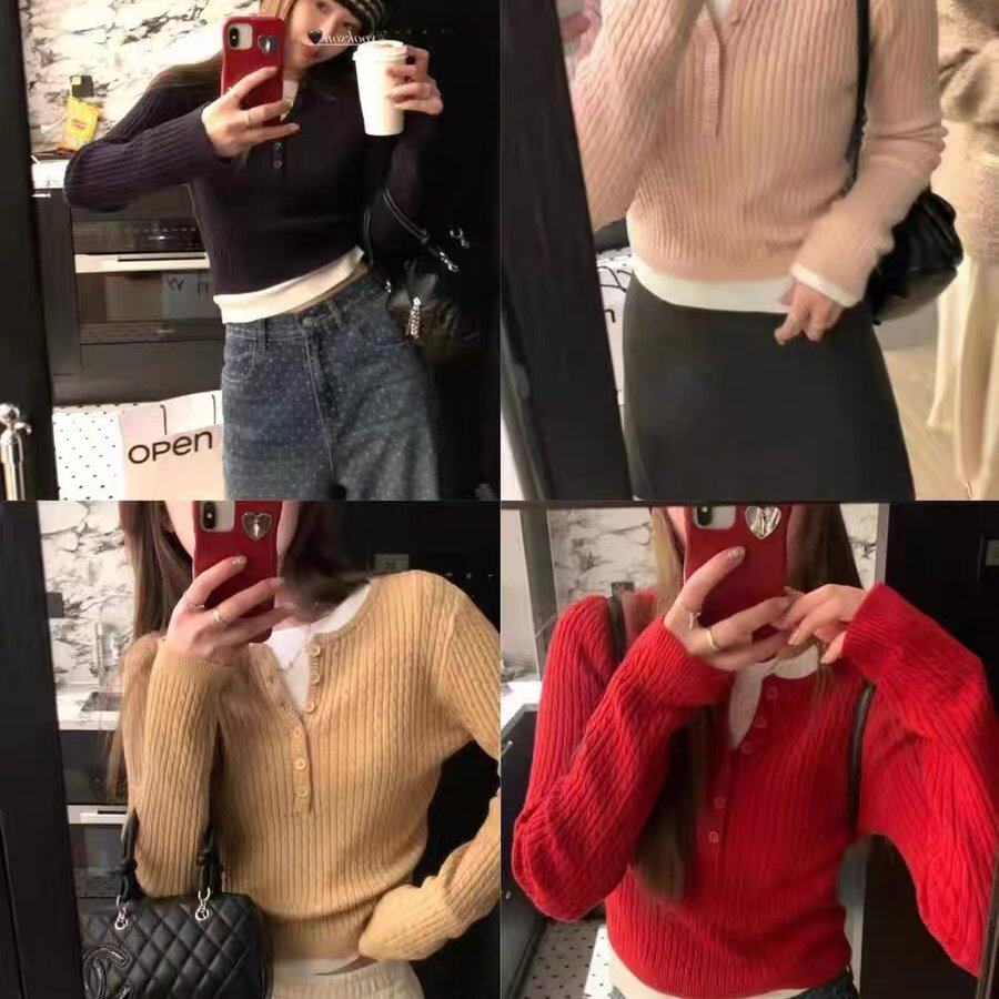 HEYGIRL黑哥 松茶可可 设计感纽扣v领麻花毛衣女秋显瘦修身针织衫