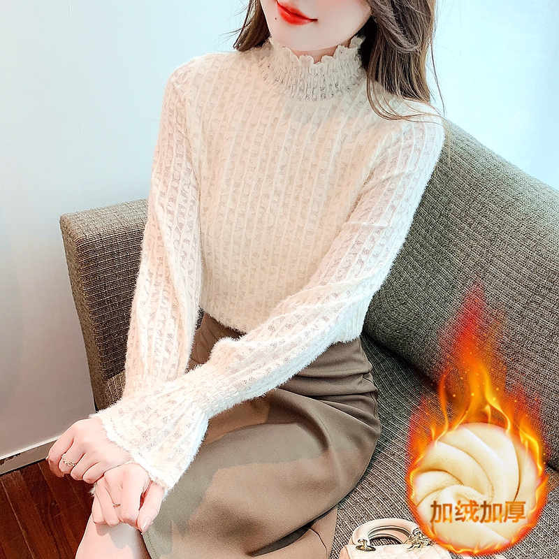 洋气喇叭袖蕾丝打底衫女2025冬新款韩版长袖加绒加厚内搭小衫上衣