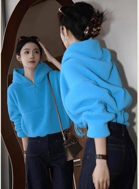 2025秋季高端欧货洋气上衣高级感超好看独特漂亮蓝色羊羔毛卫衣女