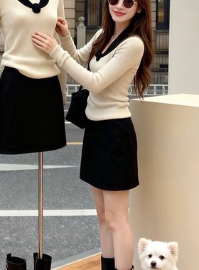白色针织衫v领修身短款毛衣2025秋冬新款穿搭韩里韩气内搭上衣女