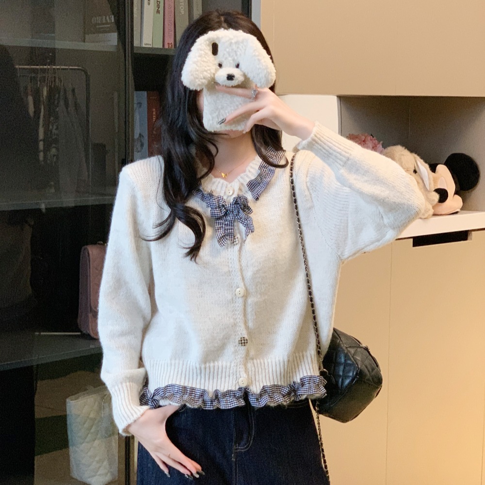 实拍 法式荷叶边格子蝴蝶结毛衣开衫男女别致针织衫高级感上衣