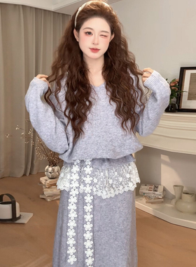 v领蕾丝针织毛衣连衣裙女秋冬季2025新款法式温柔风紫色套装长裙