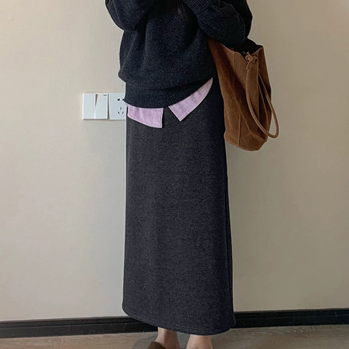 灰色毛呢半身裙女冬季新款大码胖mm遮肚子显瘦梨型身材中长款裙子