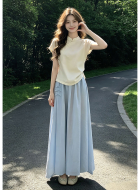 新中式国风穿搭蓝色连衣裙子女夏季2026新款大方得体气质长裙套装