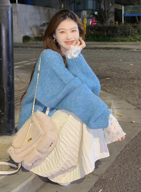 2025新款巨好看蓝色套头毛衣可外穿内搭针织上衣慵懒松弛感毛线衣