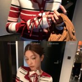 miu嗲甜心 红白条纹蝴蝶结长袖 弹力修身 LINONEONE 针织开衫