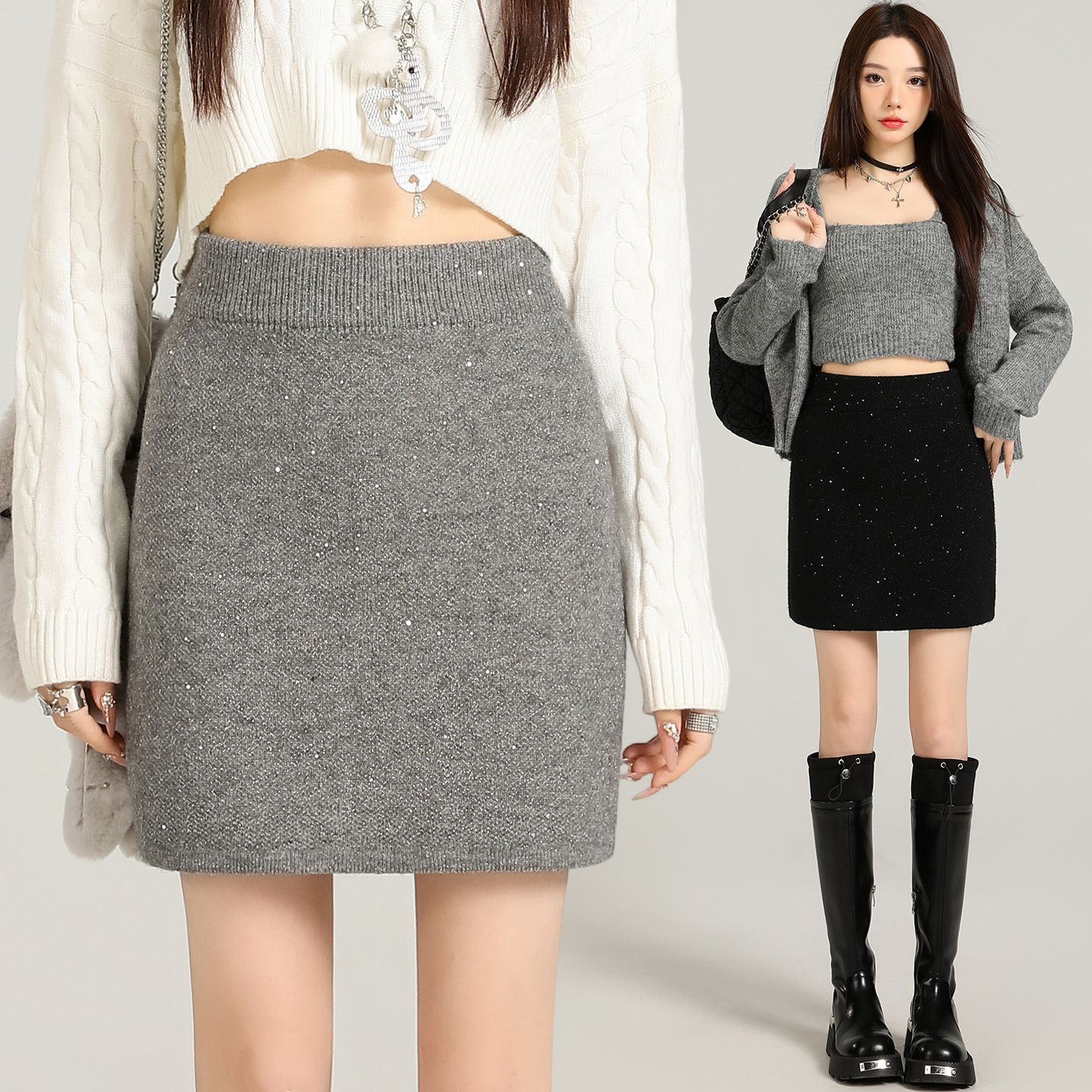 实拍灰色细闪针织a字半身裙女秋冬新款小个子毛衣裙遮跨包臀短裙