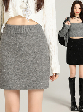 实拍灰色细闪针织a字半身裙女秋冬新款小个子毛衣裙遮跨包臀短裙