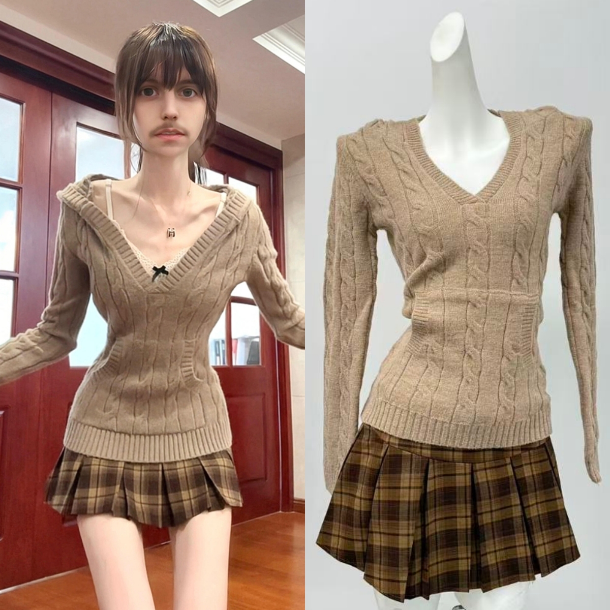 白水女 博尔盖塞公园 V领麻花针织衫女初秋收腰显瘦气质连帽上衣