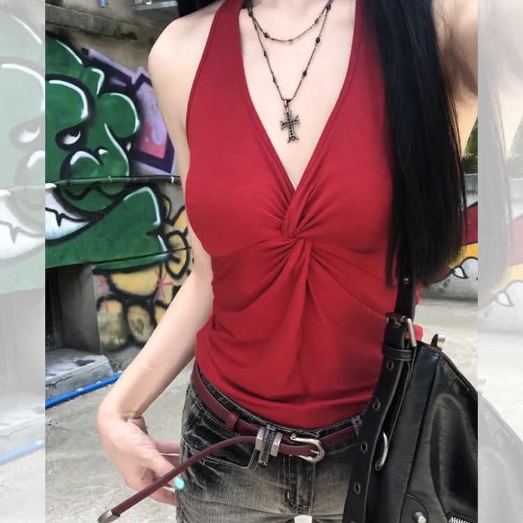 ANDYET AD1古早感挂脖吊带女复古显瘦背心褶皱绑带露背上衣遮副乳