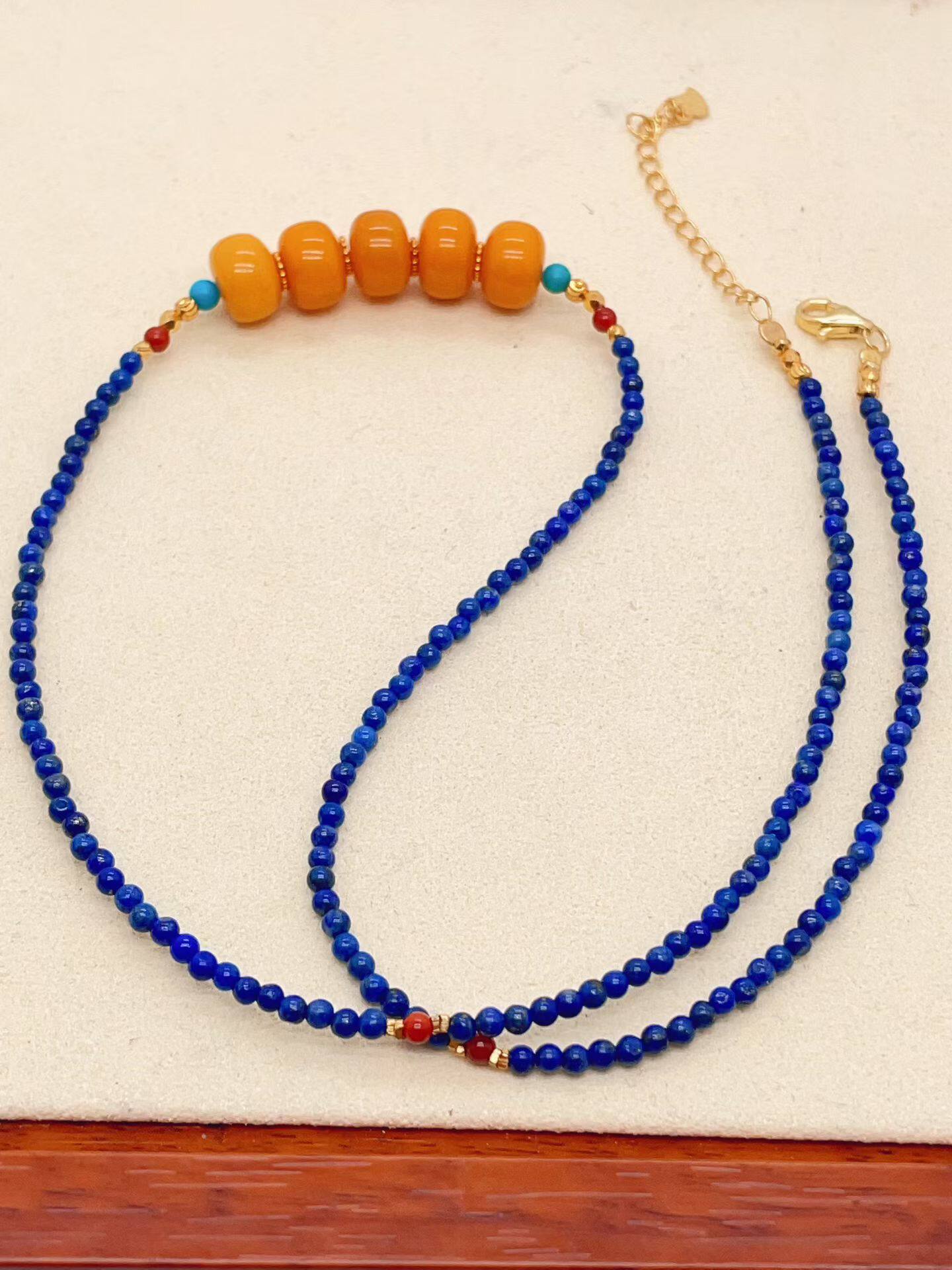 天然青金石项链s925纯银镀金老蜜蜡桶珠锁骨链毛衣链生日礼物