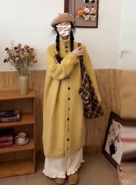 韩系中长款毛衣外套女秋冬季新款高级感单排扣高领针织开衫慵懒风