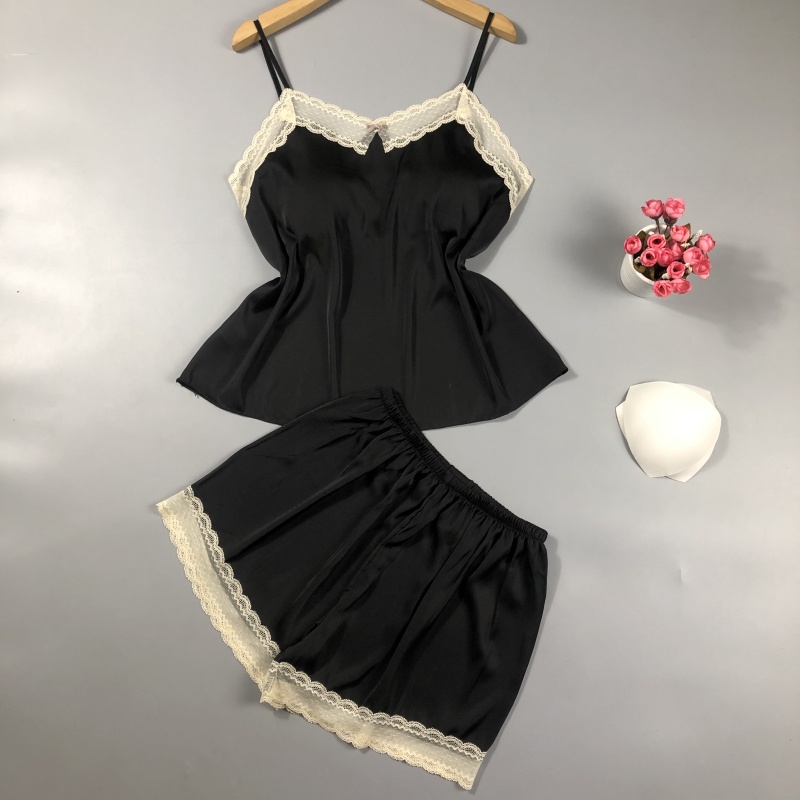 新款性感睡衣女夏冰丝带胸垫吊带短裤两件套装夏季薄款蕾丝家居服