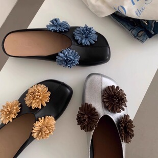 女 大师拼色拉菲草小花朵真皮方头穆勒平底包头拖鞋 7.9日新品 鞋