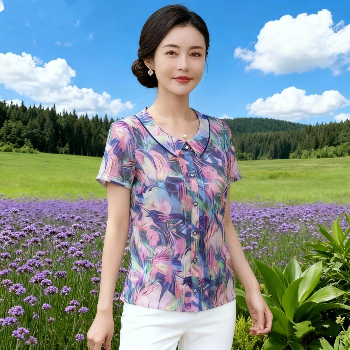 妈妈夏装台湾纱娃娃领短袖T恤