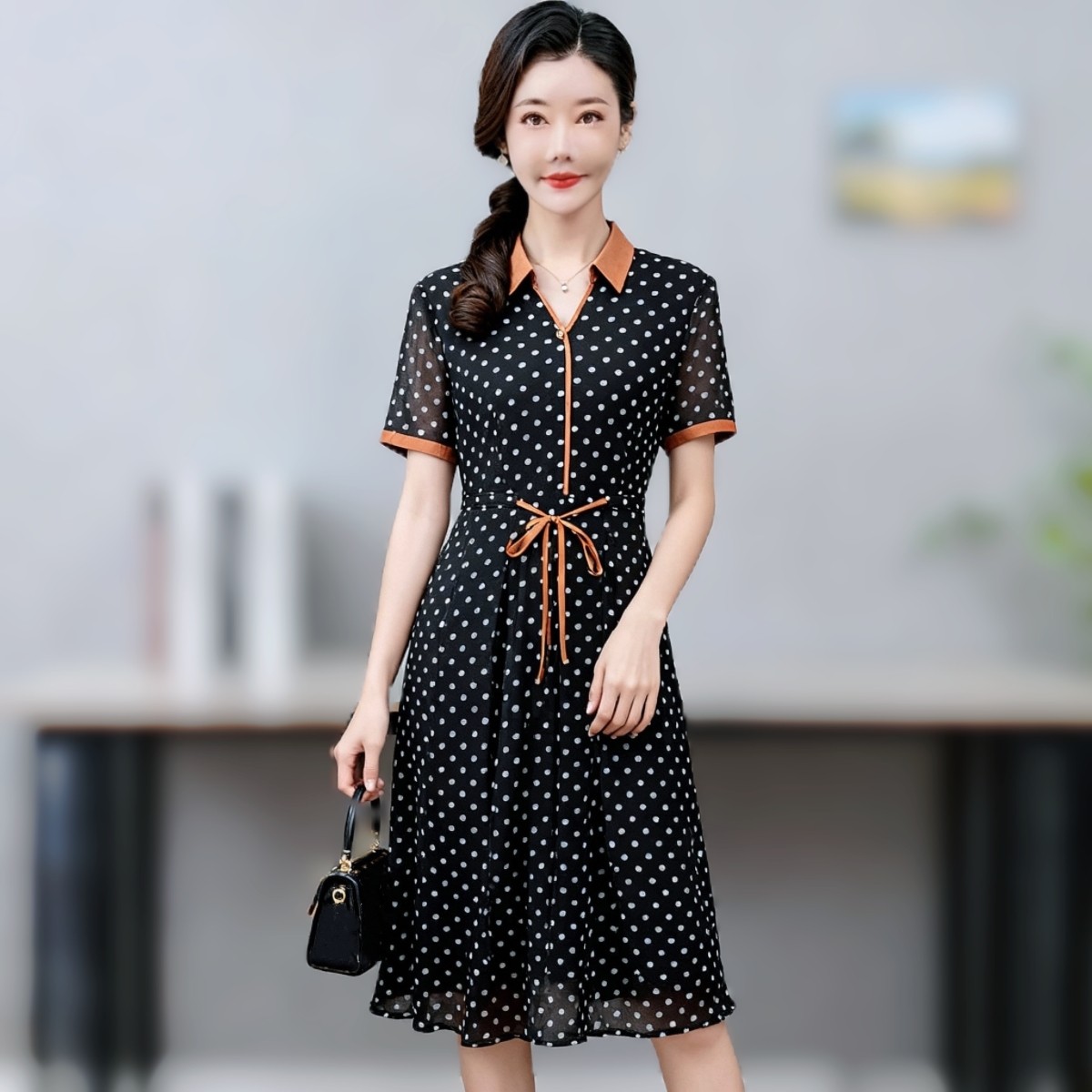 中年妈妈夏装台湾纱速干连衣裙