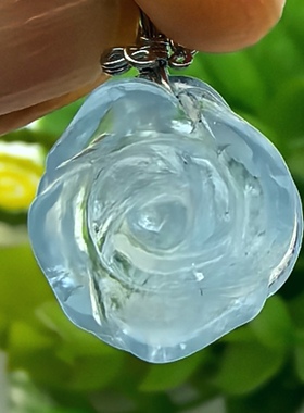 巴西天然海蓝宝玫瑰花吊坠项坠润蓝款润透女款礼物闺蜜首饰A27