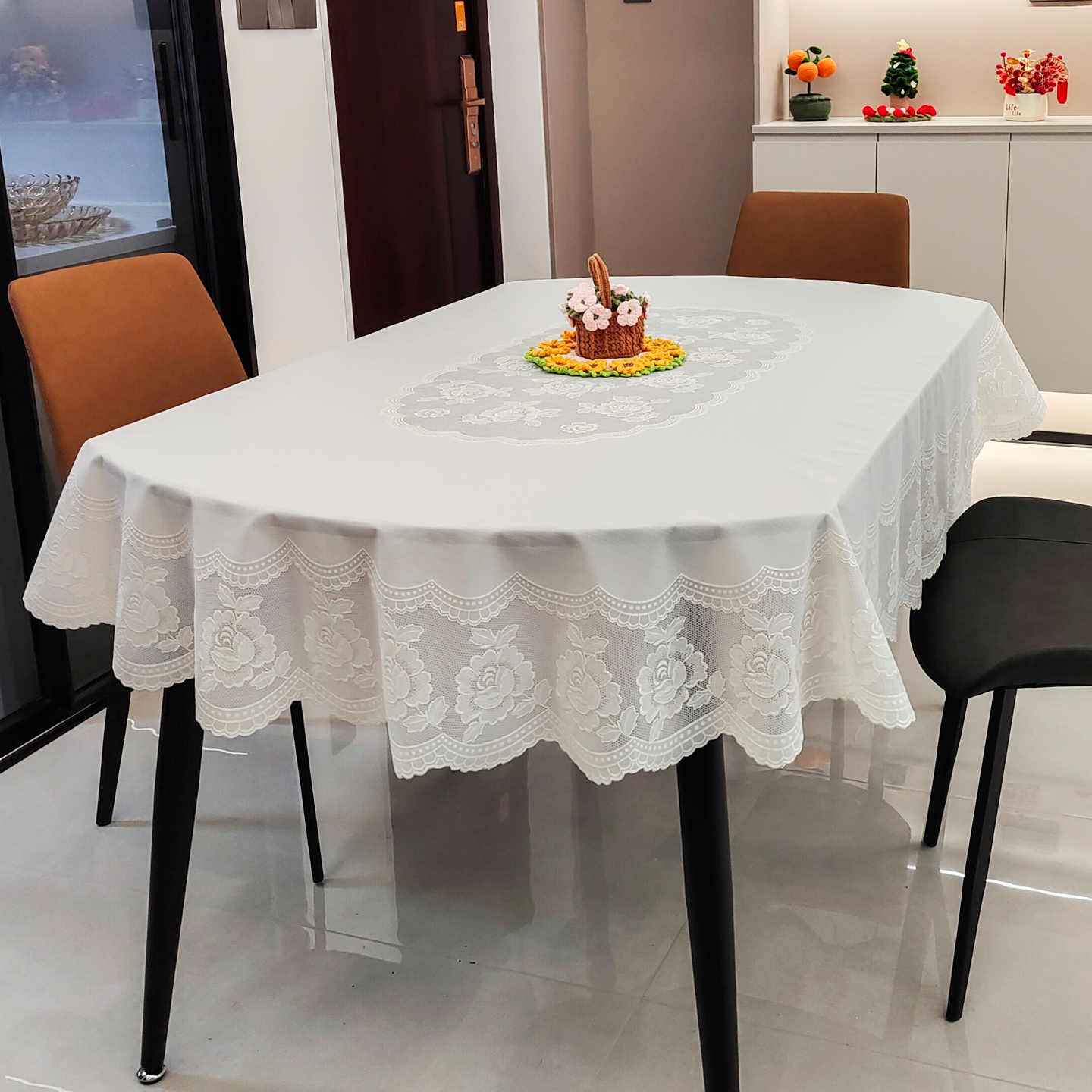 防水长椭圆形桌布PVC欧式乳白色