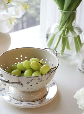 法式沥水篮乡村风复古蔷薇花纹果篮密胺水果盘双耳可挂家用洗菜篮