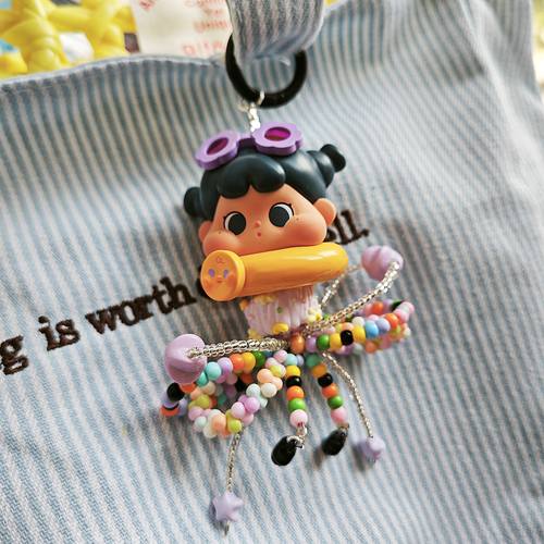 原创QOQO小海妞黑可爱手机链包挂件多巴胺女生闺蜜礼物蝴蝶结流苏