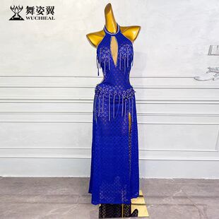 舞姿翼宝蓝色2024新款肚皮舞表演出服装女套装东方舞蹈练功连衣裙