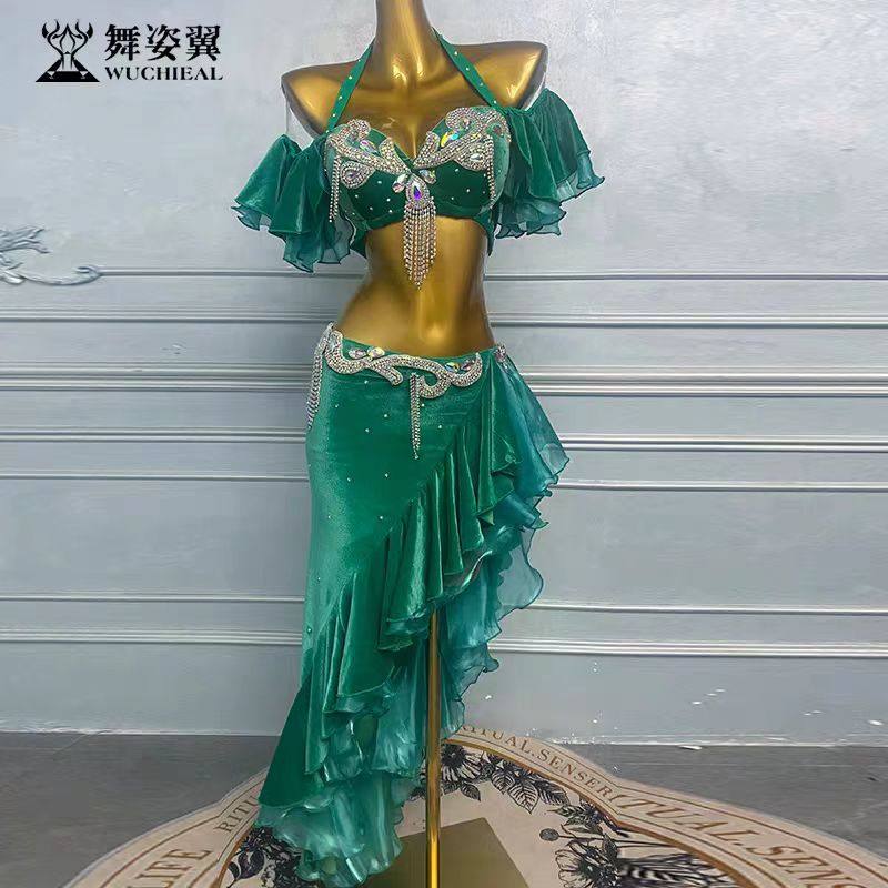 舞姿翼绿色肚皮舞表演出服套装2026新款女练功性感东方文胸裙子