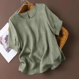 桑蚕丝短袖 立体提花真丝圆领冠乐皱衬衫 T恤绿色 金丝 闪闪发光