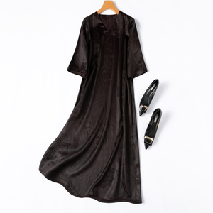 45姆米重缎提花香云纱！山水真丝V领七分袖宽松长款连衣裙皮子