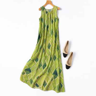 黄绿菱格纹！度假风真丝连衣裙