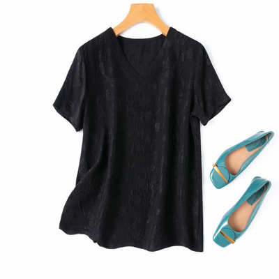 花样肌理感真丝冠乐绉V领黑色T恤