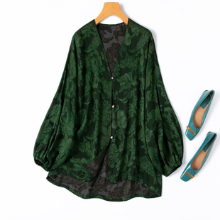 过泥剪花绡香云纱！绿意宽松版！真丝V领落肩灯笼袖开衫外搭微透