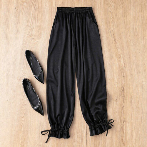 真丝人字纹百搭黑色灯笼裤子女