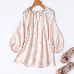 轻奢光泽感 宽松T恤粉色 19姆米真丝花罗提花缎宽松插肩泡泡袖