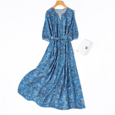 田园文艺碎花V领桑蚕丝连衣裙