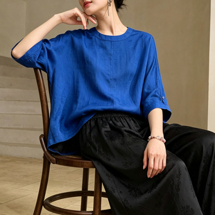 双面穿！30姆米奢级宝蓝色龟纹缎香云纱蝙蝠袖宽松女T恤桑蚕丝女