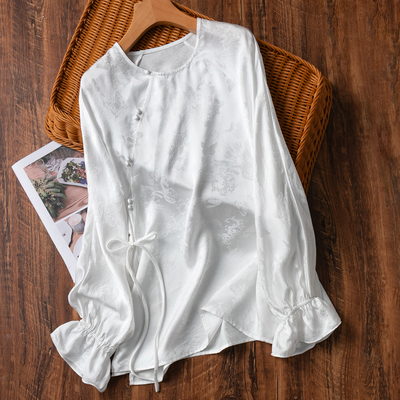 仙仙白彩金桑波缎真丝荷叶袖衬衫