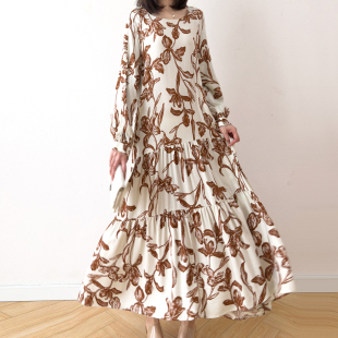 新款 蛋糕裙连衣裙大摆裙春季 桑蚕蚕丝真丝绢丝加棉灯笼长袖 加长款