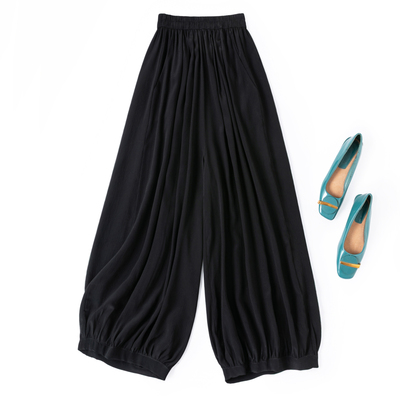 树皮皱真丝黑色宽幅灯笼裤九分裤