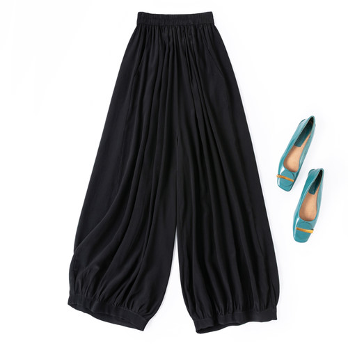 树皮皱真丝黑色宽幅灯笼裤九分裤