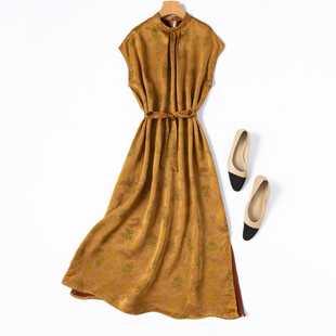 “金色葫芦”奢贵气质提花缎花罗香云纱短袖宽松真丝连衣裙桑蚕丝
