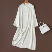 品质高货衬衫 百搭连衣裙 宽松开衫 裙 真丝提花绢丝白色立领落肩袖