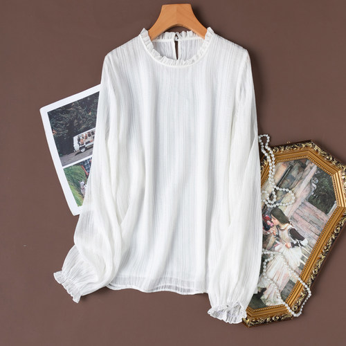 有内衬肌理感提花真丝木耳领衬衫