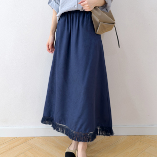 波西米亚A字半身裙 真丝提花绢丝长裙松紧腰插袋裙子度假风流苏