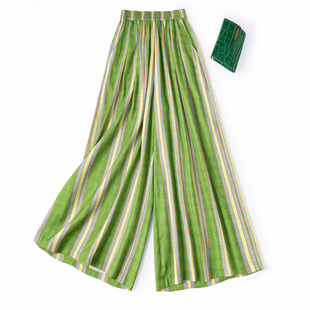 松紧腰九分桑蚕丝裙裤 真丝春日斑斓竖纹裤 舒适细腻纯绢丝阔腿裤