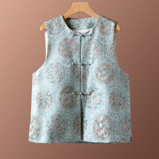 国风款“湖蓝花团”三马宋锦真丝新中式背心 桑蚕丝马甲女款新