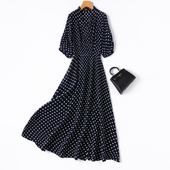 藏青波点1.2米加长款 法式 摩登魅力 飘逸裙摆真丝连衣裙开叉长裙