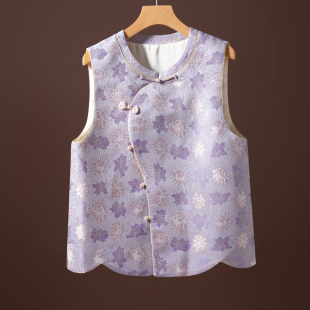 背心马甲新秋 桑蚕丝国风新中式 设计感织金宋锦 紫韵缠枝莲