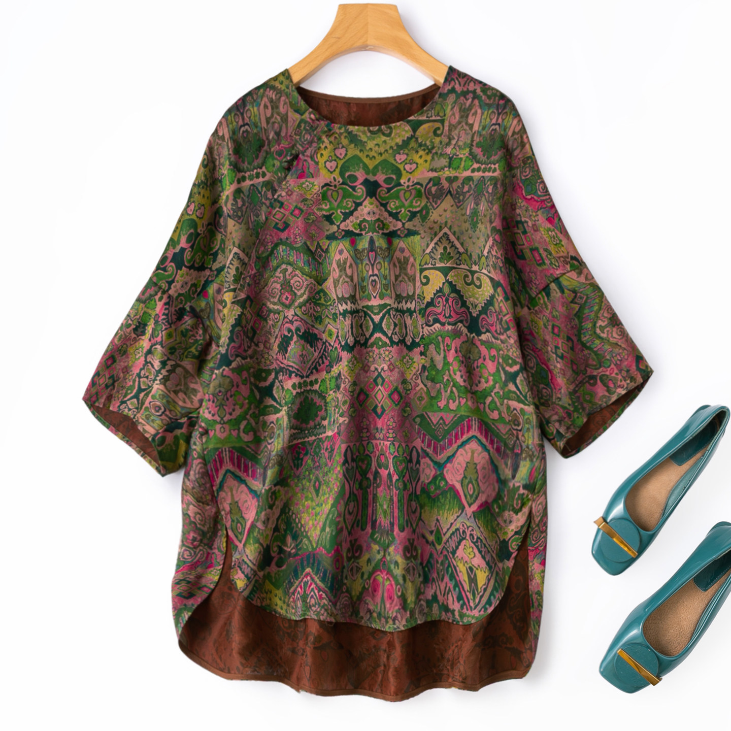 新中式无束缚感！斜襟真丝花罗香云纱蝙蝠袖宽松衬衫桑蚕丝太太服