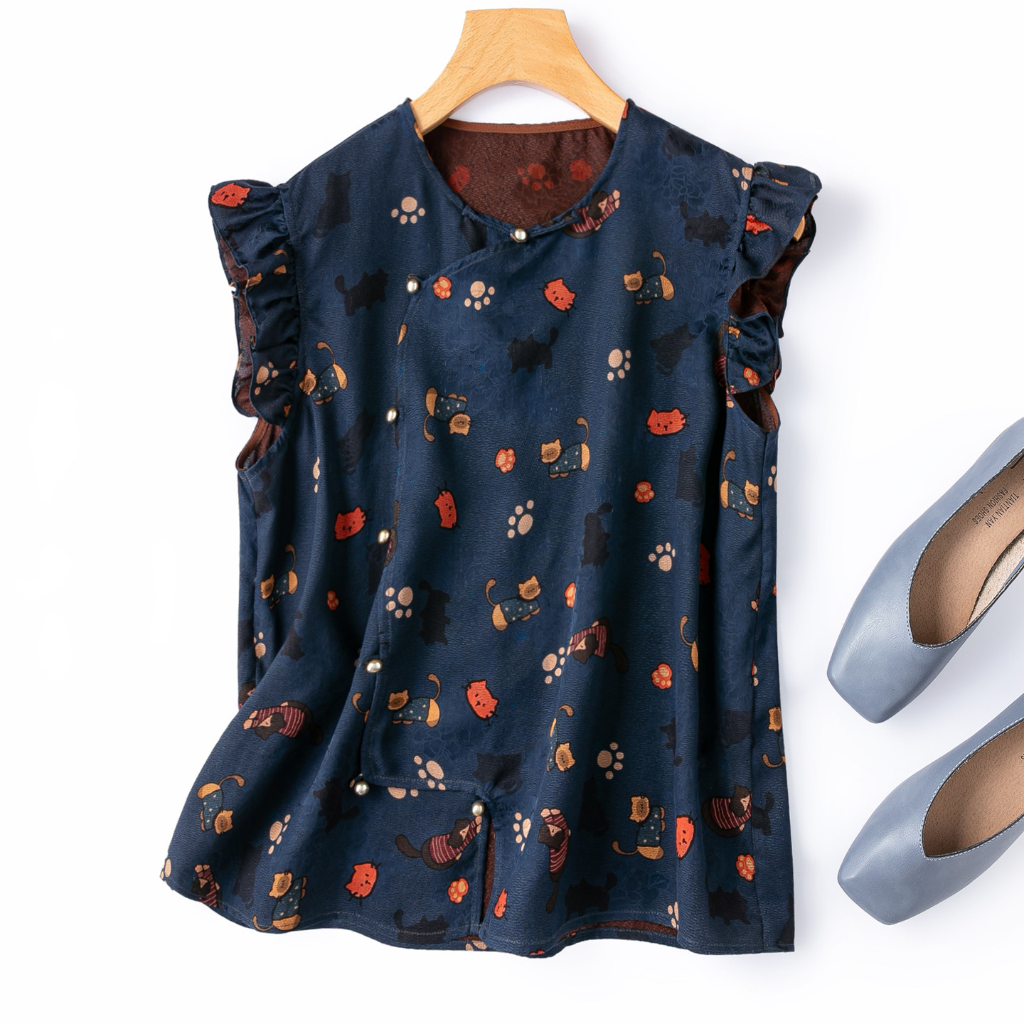 透气全孔罗香云纱&ldquo;蓝底猫趣纹&rdquo;真丝圆领木耳木耳袖背心无袖T恤