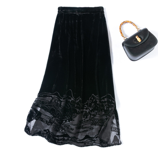 “半透视步履”奢华真丝烂花绒松紧腰半身裙口袋黑色开叉桶裙长裙